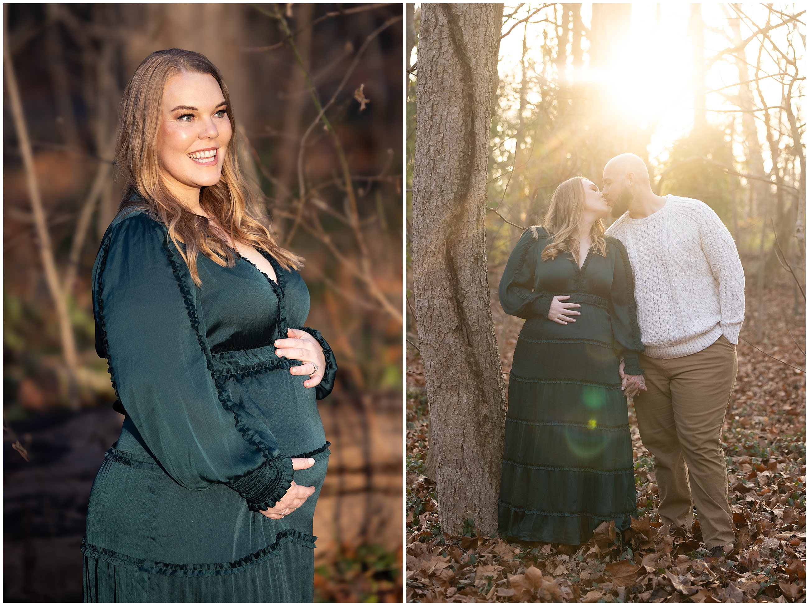 Woman in green dress holds belly, smiling. The couple is backlit and the sun is creating light flares that glow behind them as they kiss. The woman wears a long dark green dress and the man is wearing a cream cable sweater. They are surrounded by autumn leaves. Romantic mood.